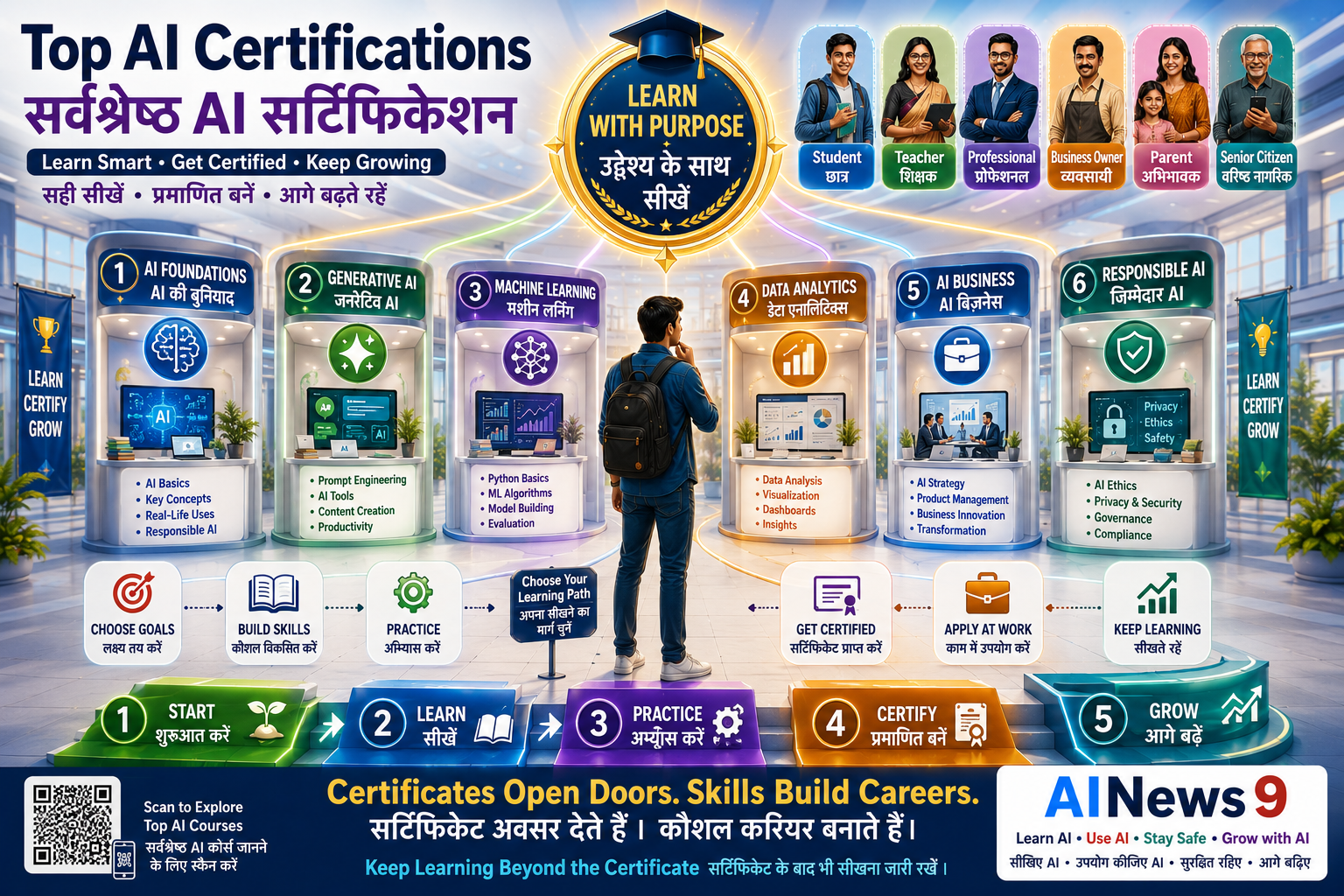 Best AI Certifications – Educational infographic comparing Google AI Essentials, Microsoft Learn AI, IBM AI Foundations, AWS AI Practitioner, DeepLearning.AI, Coursera, NVIDIA DLI, and edX.