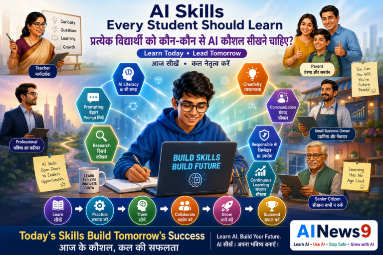 AI Skills Every Student Should Learn: Educational bilingual infographic explaining the top AI skills every student should learn for future careers. The English-Hindi design highlights AI Literacy, Prompt Writing, Critical Thinking, Creativity, Fact Verification, Problem Solving, Data Literacy, Responsible AI Use, Continuous Learning, and Human Skills.