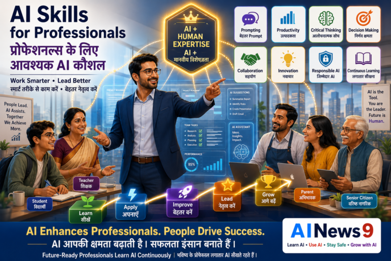 AI Skills for Professionals: Educational bilingual infographic explaining the essential AI skills every professional should develop to improve productivity, decision-making, communication, leadership, and career growth. The English-Hindi design highlights AI Literacy, Prompt Writing, Critical Thinking, AI Productivity, Human-AI Collaboration, Responsible AI, and Continuous Learning.