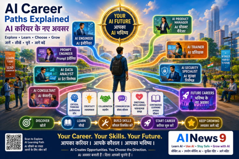 AI Career Paths Explained: Educational bilingual infographic explaining the top AI career paths, including AI Engineer, Data Scientist, AI Product Manager, Prompt Engineer, AI Consultant, AI Business Analyst, AI Content Specialist, AI Trainer, and AI Ethics & Governance Specialist. Designed for students and professionals with English-Hindi educational labels.
