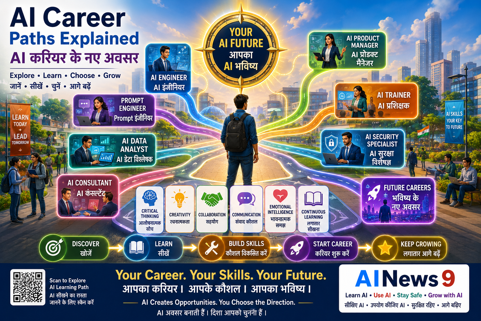 AI Career Paths Explained: Educational bilingual infographic explaining the top AI career paths, including AI Engineer, Data Scientist, AI Product Manager, Prompt Engineer, AI Consultant, AI Business Analyst, AI Content Specialist, AI Trainer, and AI Ethics & Governance Specialist. Designed for students and professionals with English-Hindi educational labels.