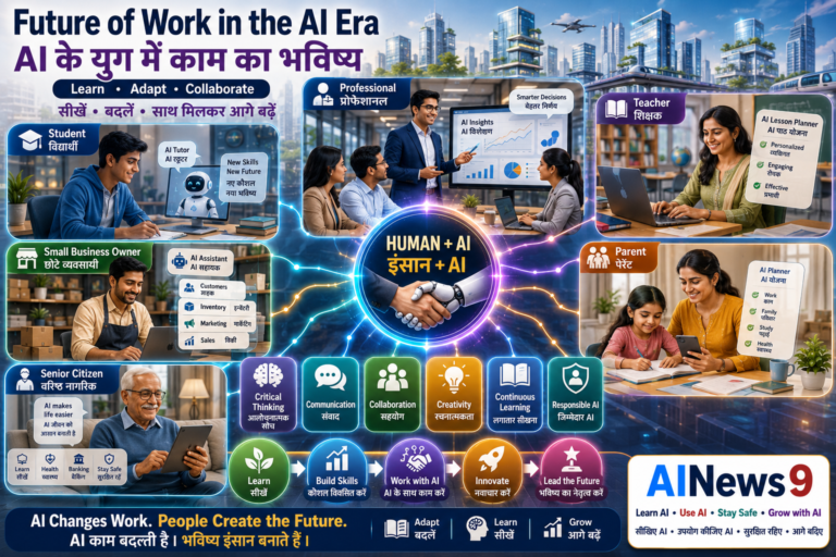Future of Work in the AI Era: Future of Work in the AI Era educational infographic showing how Artificial Intelligence is transforming jobs, careers, workplaces, human-AI collaboration, continuous learning, and future-ready skills with bilingual English-Hindi educational labels.