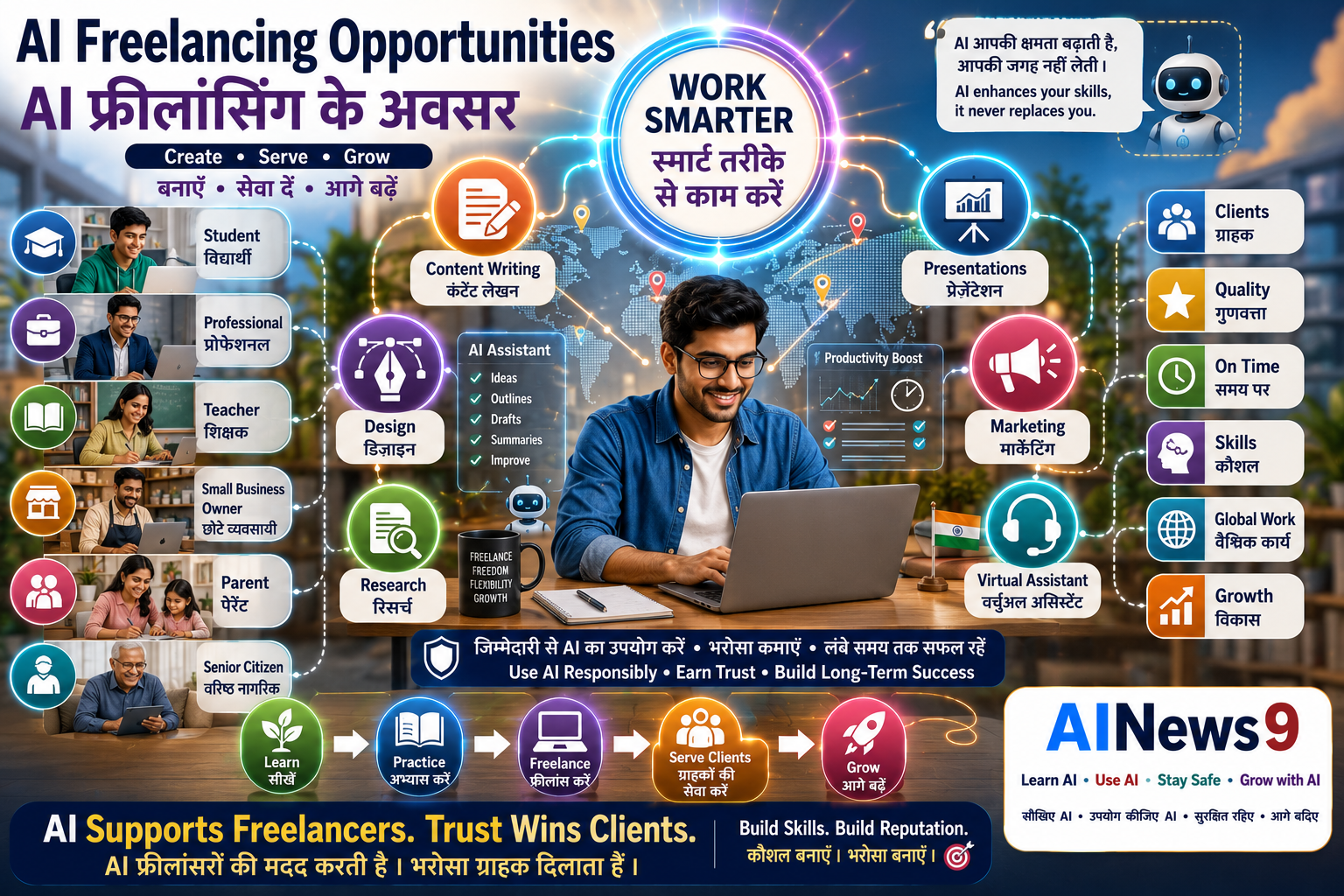 AI Freelancing Opportunities: AI Freelancing Opportunities educational infographic showing how students, professionals, and freelancers can use Artificial Intelligence for content writing, graphic design, prompt writing, video creation, virtual assistance, social media management, research, and business consulting with bilingual English-Hindi educational labels.