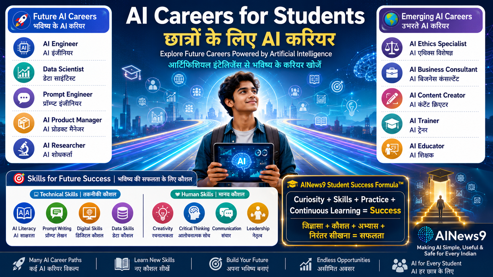 AI Careers for Students : AI Careers for Students educational infographic showing future AI career options including AI Engineer, Data Scientist, Prompt Engineer, AI Product Manager, AI Researcher, AI Ethics Specialist, AI Business Consultant, AI Content Creator, AI Trainer, and AI Educator with bilingual English-Hindi educational labels.