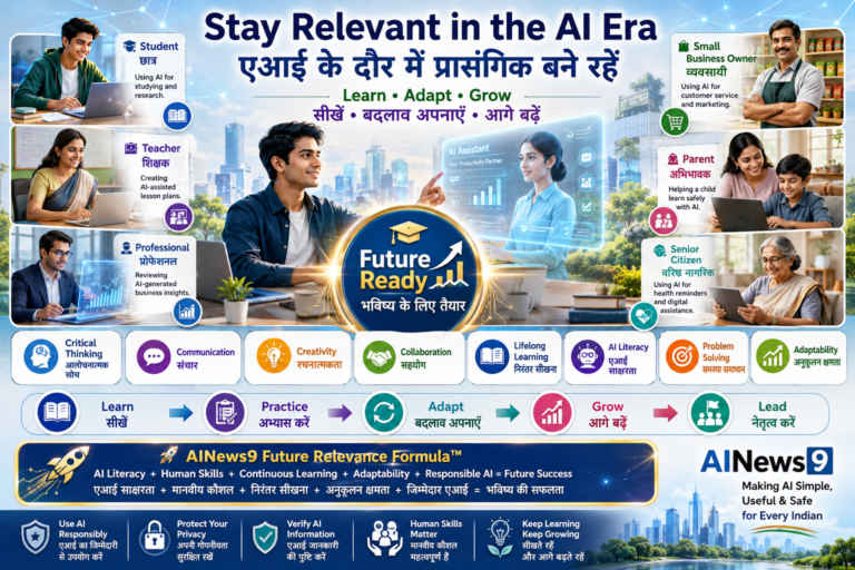 How to Stay Relevant in an AI-Driven World educational infographic showing students, professionals, teachers, entrepreneurs, parents, and senior citizens building future-ready skills with AI, lifelong learning, adaptability, and human strengths using bilingual English-Hindi educational labels.