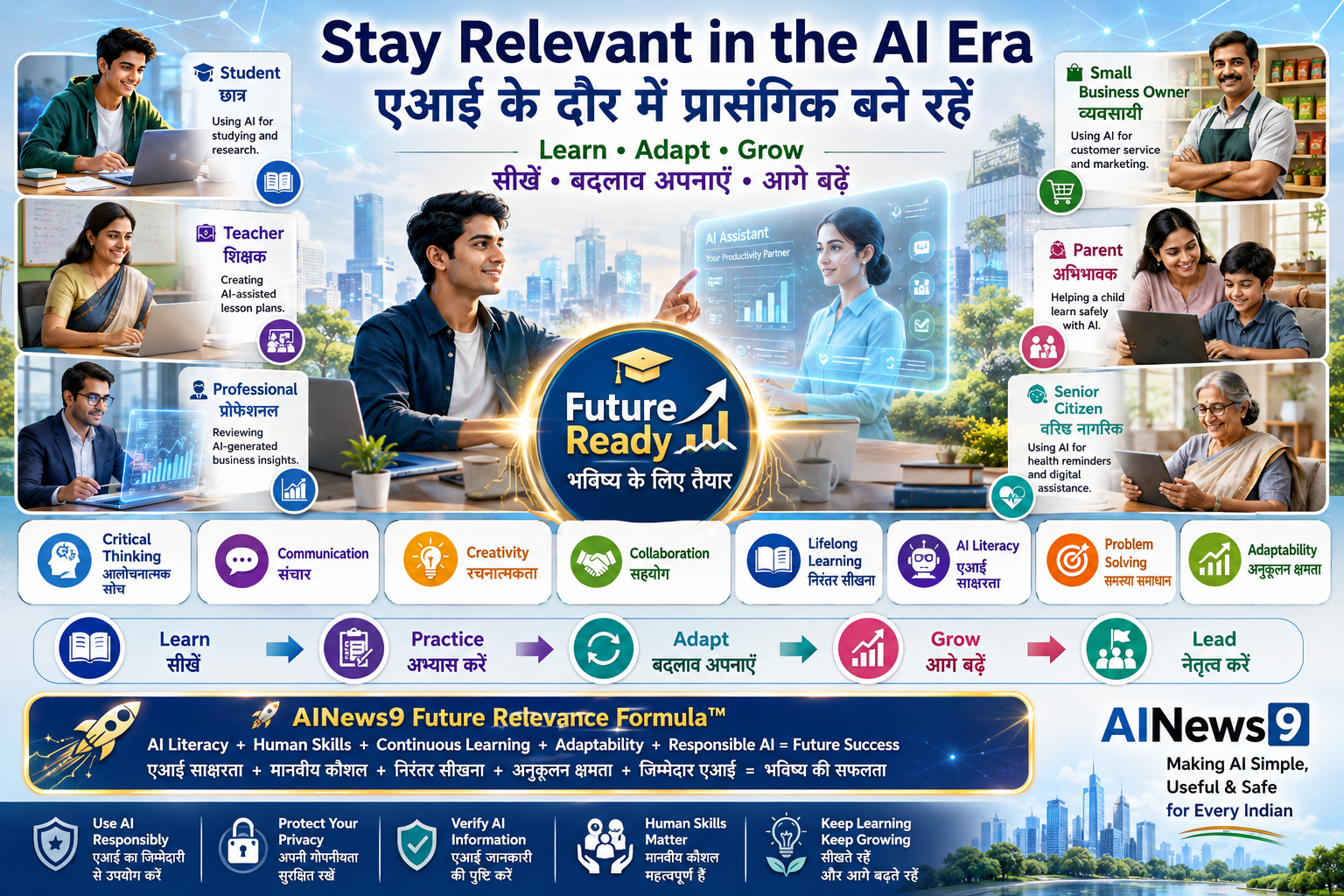 How to Stay Relevant in an AI-Driven World educational infographic showing students, professionals, teachers, entrepreneurs, parents, and senior citizens building future-ready skills with AI, lifelong learning, adaptability, and human strengths using bilingual English-Hindi educational labels.
