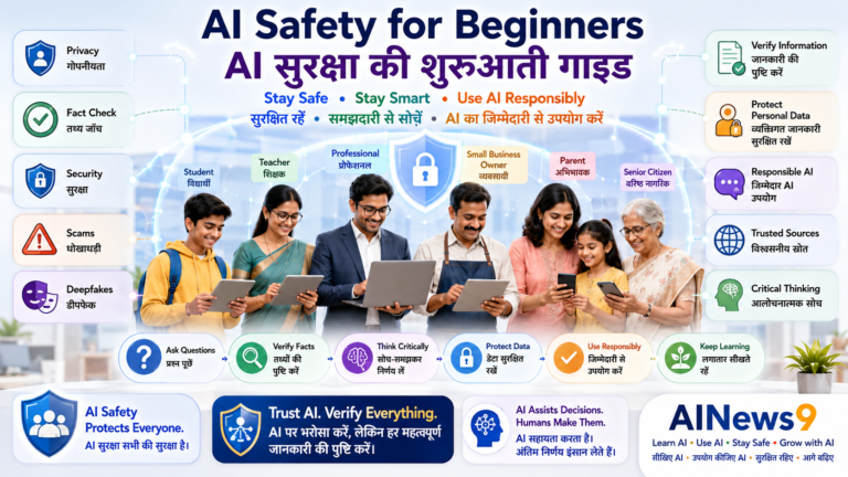AI Safety for Beginners: Indian students, teachers, parents, professionals, senior citizens, and small business owners learning safe and responsible use of Artificial Intelligence through a bilingual educational infographic showing AI safety, privacy protection, fact-checking, cybersecurity awareness, deepfake detection, and responsible AI practices in English and Hindi.