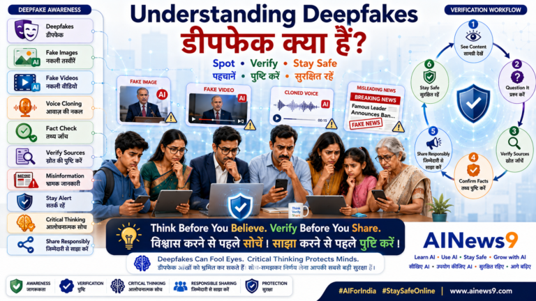 What Are Deepfakes? - Educational infographic explaining AI-generated deepfakes for Indian students, teachers, parents, professionals, and senior citizens. The image compares real and AI-generated photos, videos, and voice recordings while highlighting deepfake detection, misinformation awareness, online safety, and responsible AI use in English and Hindi.