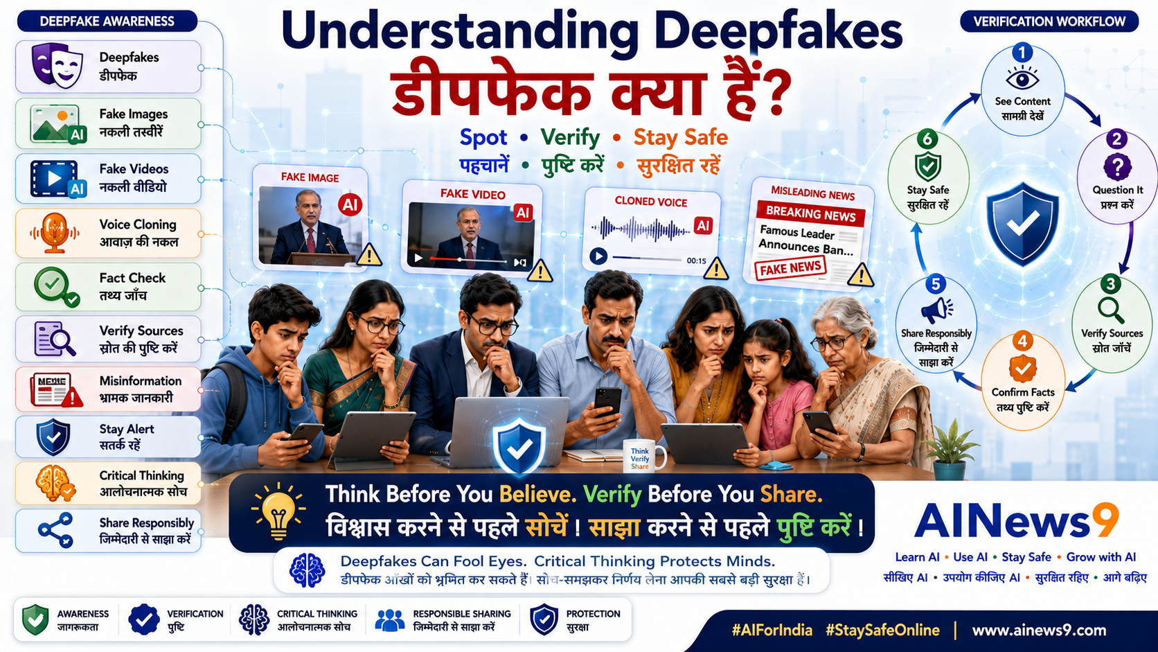 What Are Deepfakes? - Educational infographic explaining AI-generated deepfakes for Indian students, teachers, parents, professionals, and senior citizens. The image compares real and AI-generated photos, videos, and voice recordings while highlighting deepfake detection, misinformation awareness, online safety, and responsible AI use in English and Hindi.