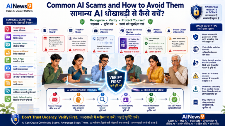 AI Scams and How to Avoid Them: Educational infographic showing common AI scams including voice cloning, deepfake videos, phishing emails, fake customer support, WhatsApp scams, online fraud, and practical AI scam prevention tips for Indian students, parents, professionals, senior citizens, and small businesses in English and Hindi.