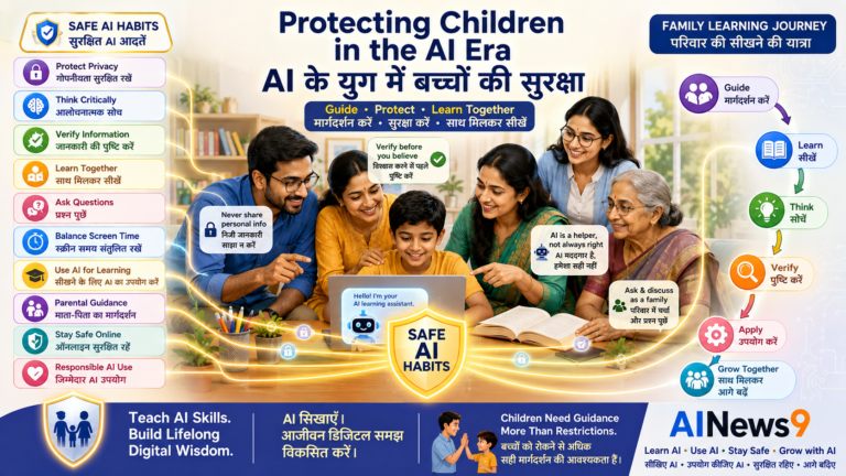 AI Safety for Children & Parents: Educational infographic showing parents and children learning Artificial Intelligence safely together. The image highlights safe AI use, privacy protection, critical thinking, responsible screen time, online safety, and family AI rules with bilingual English-Hindi educational labels.