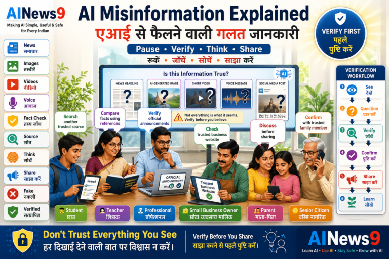 AI Misinformation: Educational infographic explaining AI misinformation with examples of fake AI news, misleading images, manipulated videos, false social media posts, and a simple verification checklist. The bilingual English-Hindi design teaches readers how to verify information before sharing it.