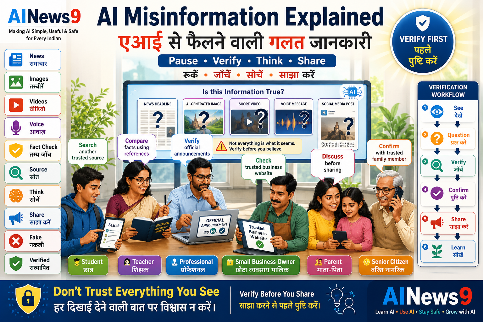 AI Misinformation: Educational infographic explaining AI misinformation with examples of fake AI news, misleading images, manipulated videos, false social media posts, and a simple verification checklist. The bilingual English-Hindi design teaches readers how to verify information before sharing it.
