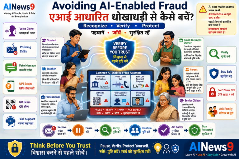 Avoiding AI Fraud: Educational infographic explaining AI fraud prevention, including voice cloning, fake customer support, fake QR codes, identity theft, AI-powered financial fraud, and the STOP • VERIFY • PAY™ framework. Bilingual English-Hindi educational design for safe digital payments and online security.