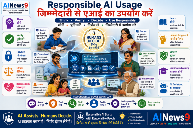Responsible AI Use: Educational infographic explaining responsible AI use with best practices for students, teachers, professionals, parents, and businesses. The bilingual English-Hindi design highlights privacy, fact verification, ethical AI usage, copyright respect, critical thinking, and the AINews9 Responsible AI Pledge™.