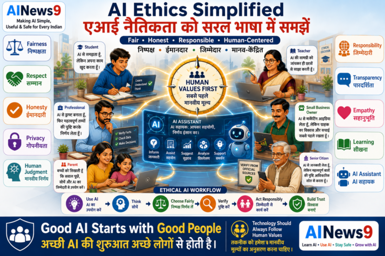 AI Ethics Simplified: Educational bilingual infographic explaining AI Ethics through the six principles of Fairness, Transparency, Accountability, Privacy, Safety, and Human Oversight. Designed for students, teachers, professionals, parents, and businesses with English-Hindi educational labels and the AINews9 Ethical AI Promise™.