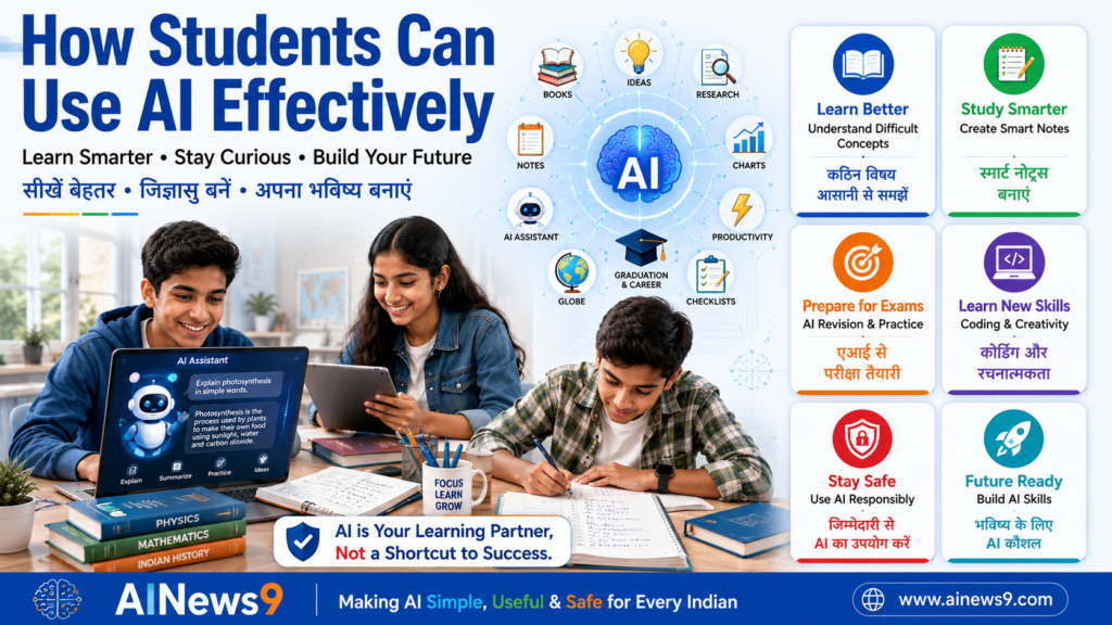 How Students Can Use AI Effectively - Indian students using Artificial Intelligence for learning, revision, note-taking, coding, research, exam preparation, and productivity with bilingual English and Hindi educational infographic showing AI as a responsible learning assistant.
