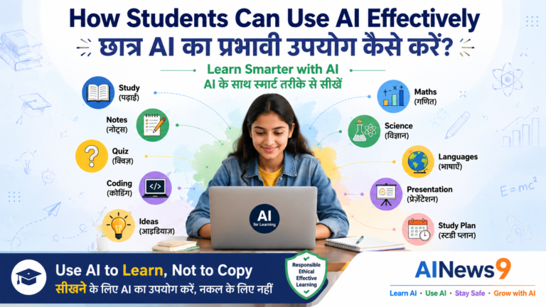 How Students Can Use AI Effectively - Indian students using Artificial Intelligence for learning, revision, note-taking, coding, research, exam preparation, and productivity with bilingual English and Hindi educational infographic showing AI as a responsible learning assistant.