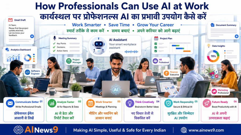 How Professionals Can Use AI at Work - Indian professionals using Artificial Intelligence to write emails, create reports, analyze data, manage meetings, brainstorm ideas, and improve workplace productivity with bilingual educational visuals in English and Hindi.