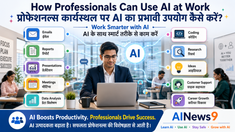 How Professionals Can Use AI at Work - Indian professionals using Artificial Intelligence to write emails, create reports, analyze data, manage meetings, brainstorm ideas, and improve workplace productivity with bilingual educational visuals in English and Hindi.