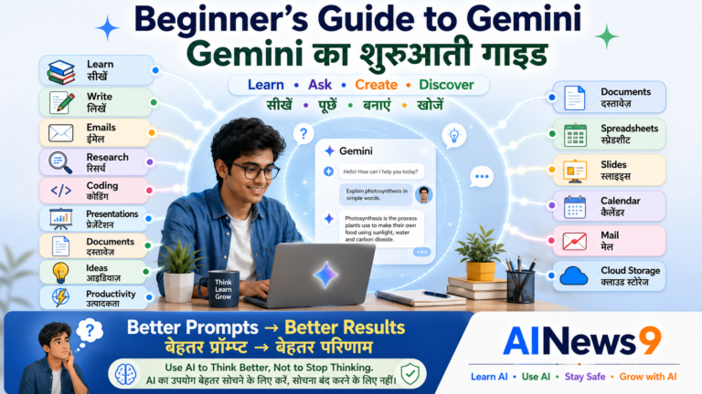 Beginner's Guide to Gemini: Indian students, teachers, professionals, parents, senior citizens, and small business owners using Google Gemini for learning, writing, productivity, research, and everyday tasks through a bilingual educational infographic in English and Hindi.