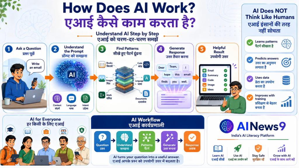 How Does AI Work? Beginner-friendly bilingual illustration explaining how Artificial Intelligence learns from data, recognizes patterns, makes predictions, and generates responses.