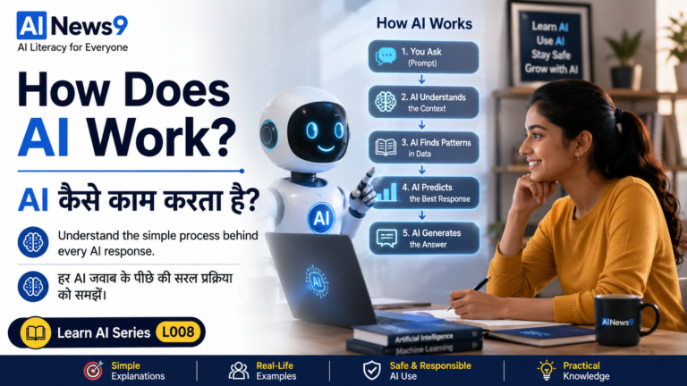 Bilingual educational illustration explaining how Artificial Intelligence (AI) works, showing a simple AI workflow from user prompt to understanding, pattern recognition, prediction, and response. Designed for beginners by AINews9.