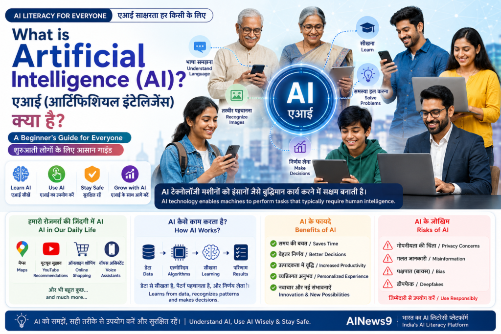 What is Artificial Intelligence? Educational bilingual infographic explaining Artificial Intelligence, its everyday applications, benefits, risks, and AI literacy concepts for beginners.