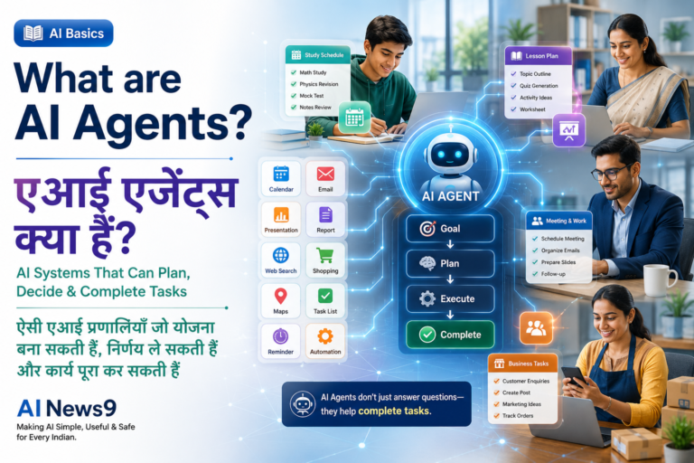 What are AI Agents? Magazine-style bilingual educational cover showing AI Agents helping Indian students, teachers, professionals, and small business owners plan, make decisions, automate tasks, and improve productivity.