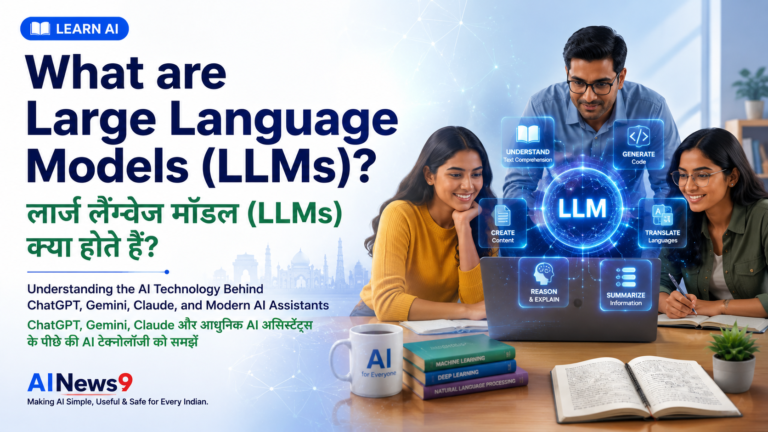 Educational bilingual featured image explaining Large Language Models (LLMs), showing Indian learners using AI assistants to understand language, generate content, translate text, and learn with AI responsibly.
