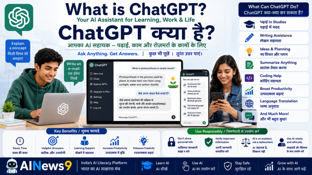 What is ChatGPT? Magazine-style bilingual educational cover showing ChatGPT as an AI assistant helping Indian students, teachers, professionals, and businesses learn, write, create, and improve productivity.