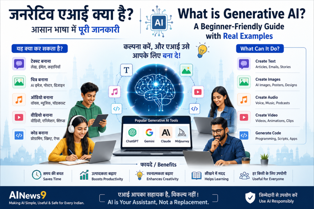 What is Generative AI? Educational bilingual infographic explaining how Generative AI creates text, images, videos, music, and code using real-world examples for beginners.