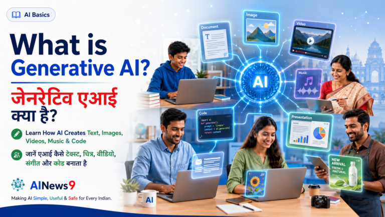 What is Generative AI? Featured image showing Indian students, teachers, professionals and small business owners using AI to create text, images, videos, music and code. Beginner-friendly AI Basics guide by AINews9.