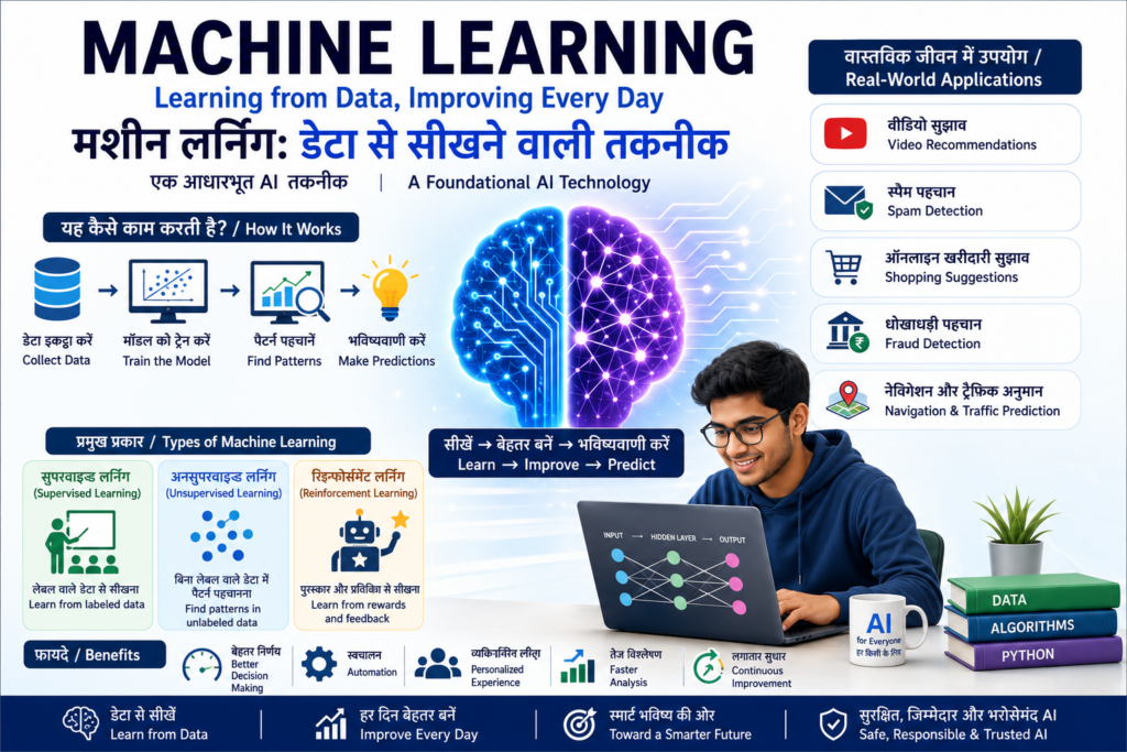 What is Machine Learning? Educational bilingual infographic explaining how computers learn from data, recognize patterns and make predictions using real-world examples.
