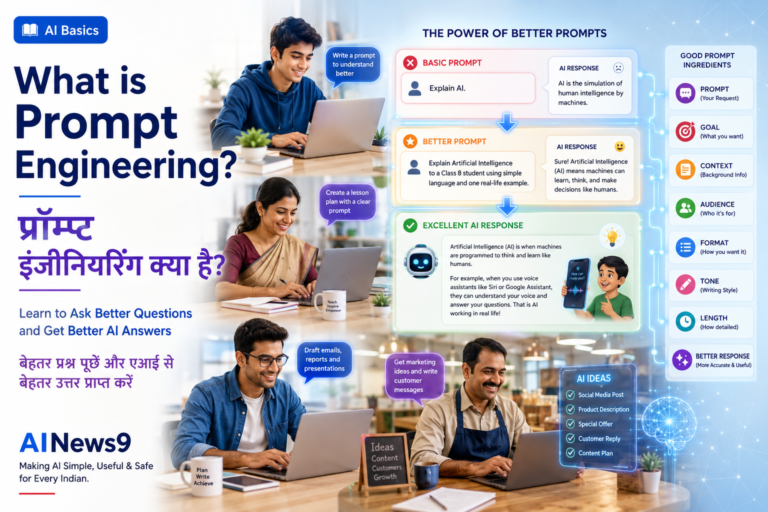 What is Prompt Engineering? Magazine-style bilingual educational cover illustrating an AI assistant helping Indian students, teachers, professionals, and business owners write better prompts to get more accurate, useful, and creative AI responses.